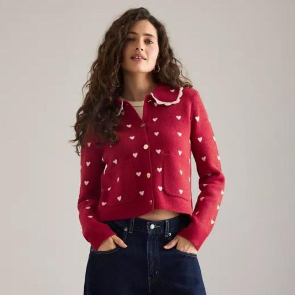 Anthropologie NVLT Heart Icon Knit Jacket S Red White Scallop Collar Cardigan